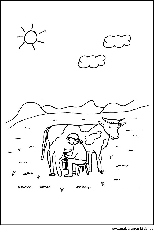 Malvorlage - Kuh beim Melken