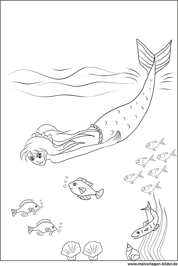 Meerjungfrau und kleine Fische im meer - gartis Malvorlage