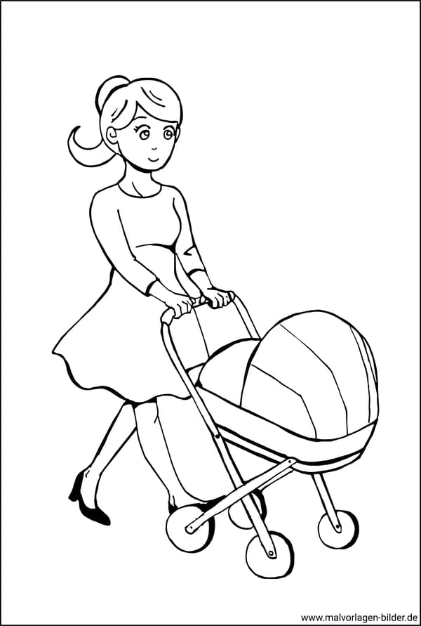 Ausmalbilder - Mutter mit Kinderwagen