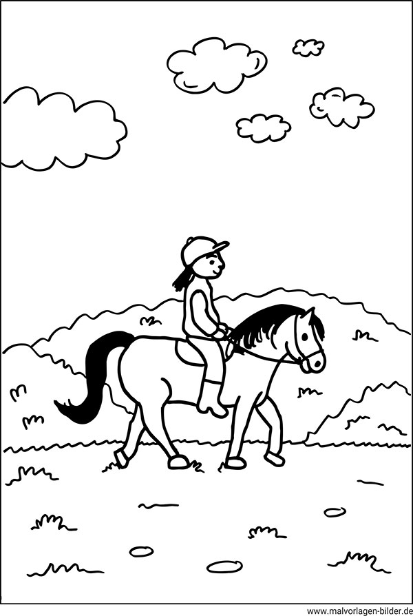 Ausmalbild Pferd mit einer Reiterin