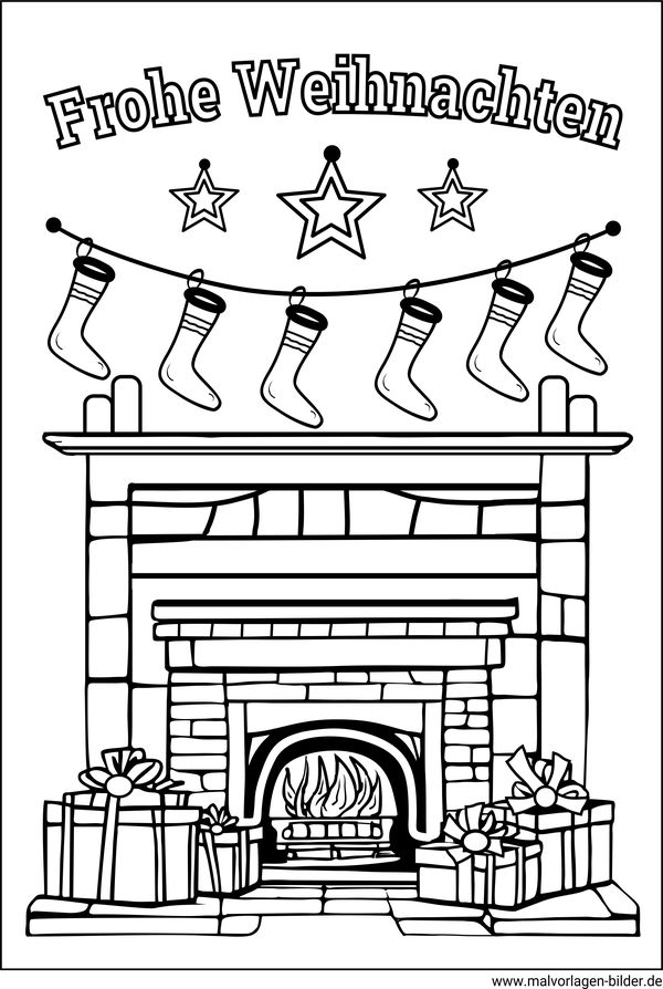 Ausmalbild Kamin Socken und Geschenke zu Weihnachten
