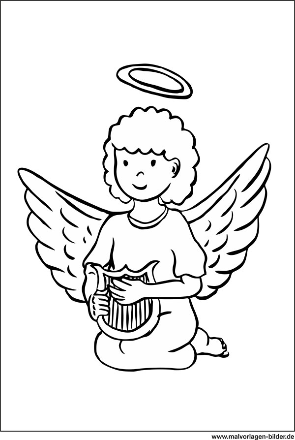 Ausmalbild - Engel mit Flügel und Harfe