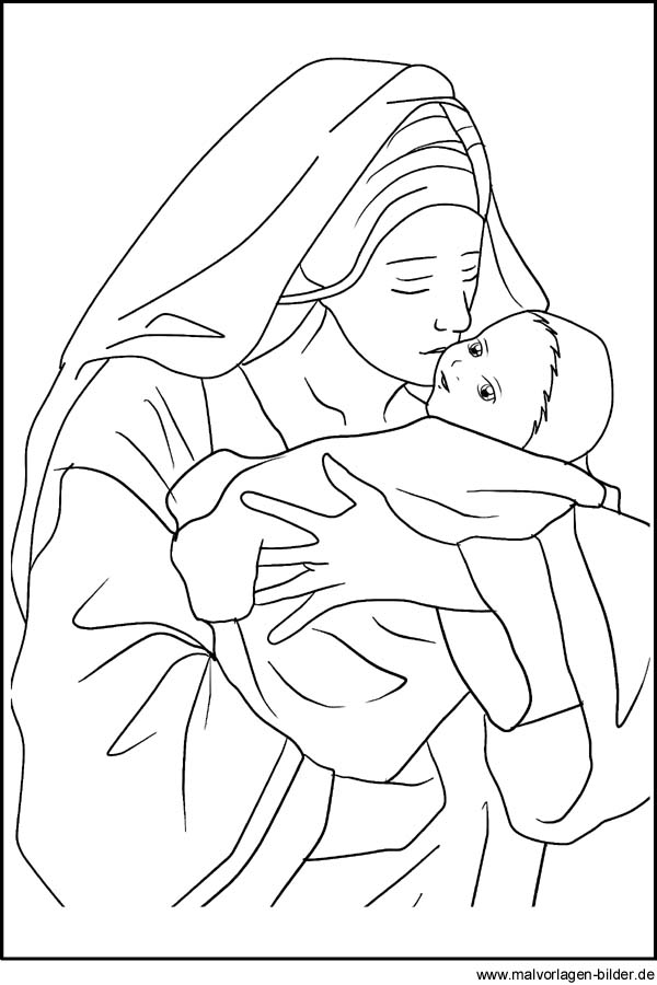 Maria und das Jesuskind als Malvorlage, Ausmalbild und Weihnachtsmotiv