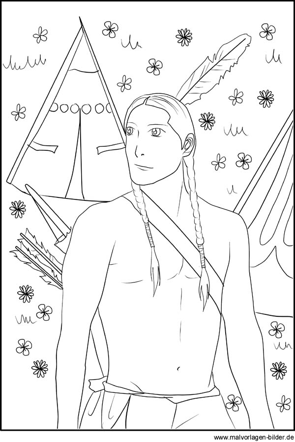Indianer mit Pfeil und Bogen als Malvorlage und Ausmalbild