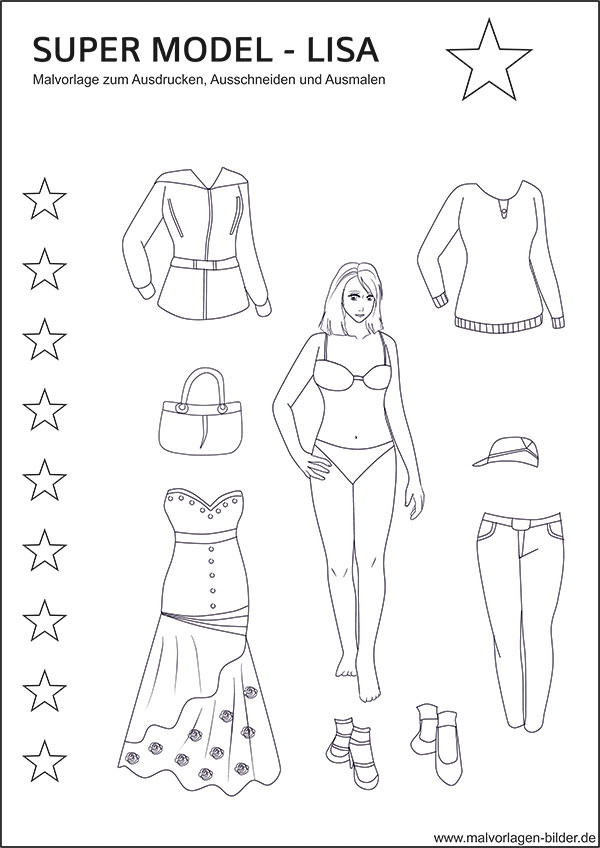 Super Model Lisa und viele Kleider als kostenlose Ausmalbilder zum Ausdrucken
