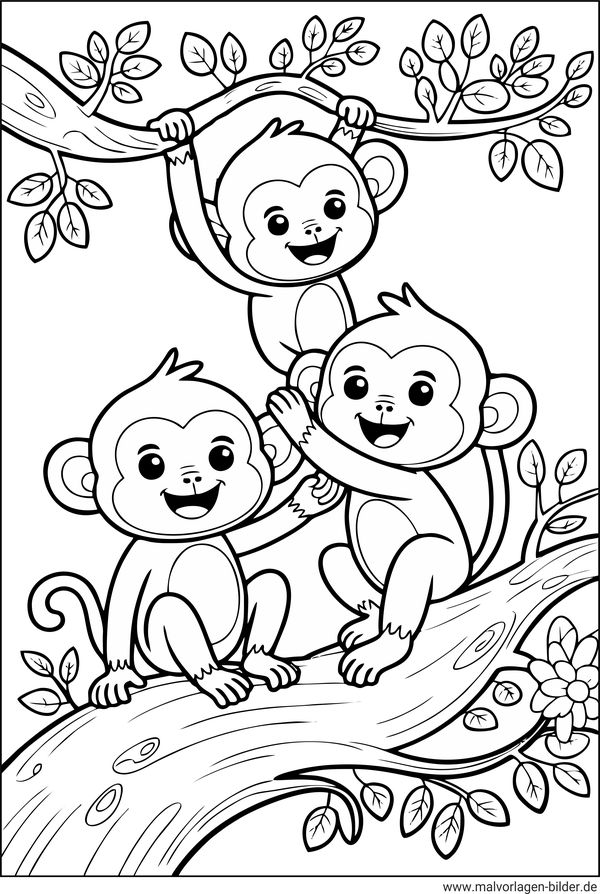 Drei Affen spielen Ausmalbild für Kinder