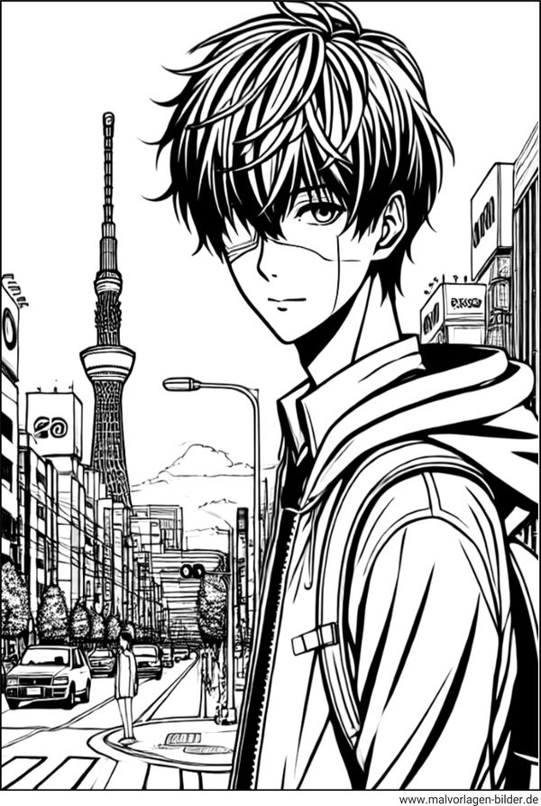 Anime Junge in Tokyo Ausmalbild