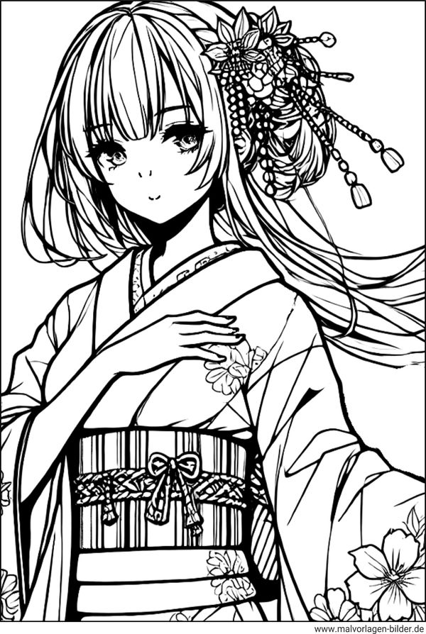 Anime Mädchen im Kimono Ausmalbild