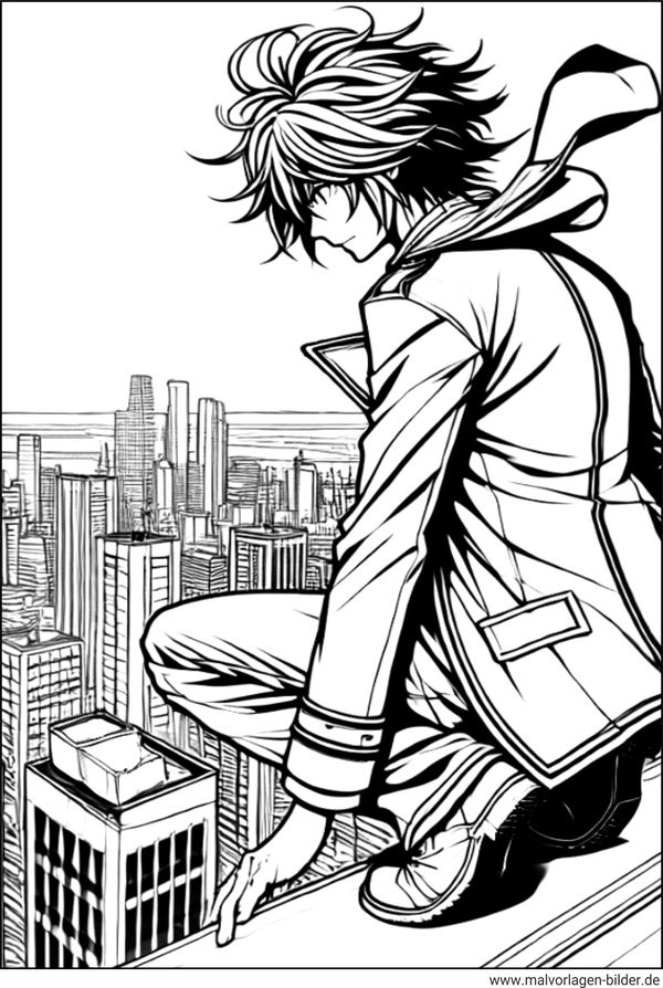 Anime Mann auf einem Hochhaus Ausmalbild