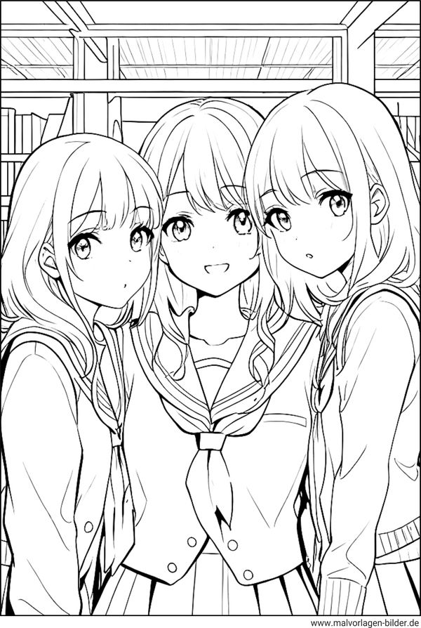 Schulmädchen in der Schule Anime Ausmalbild
