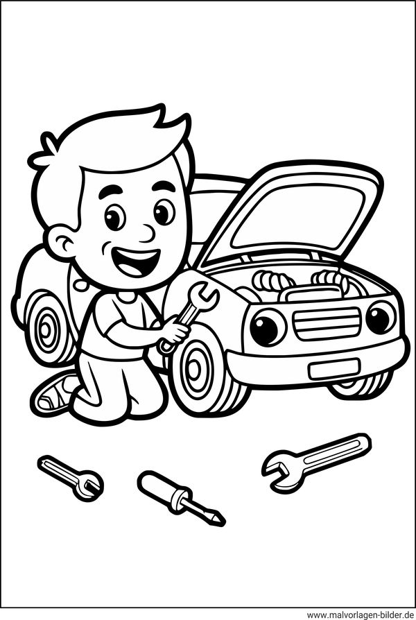Mann repariert sein Auto Ausmalbild