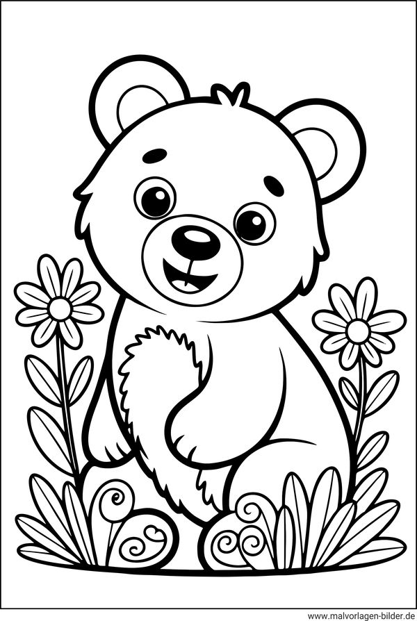 Ausmalbild Bär und Blumen
