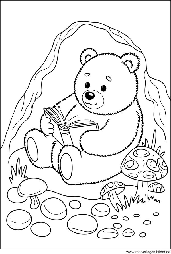 Ausmalbild Bär liest ein Buch