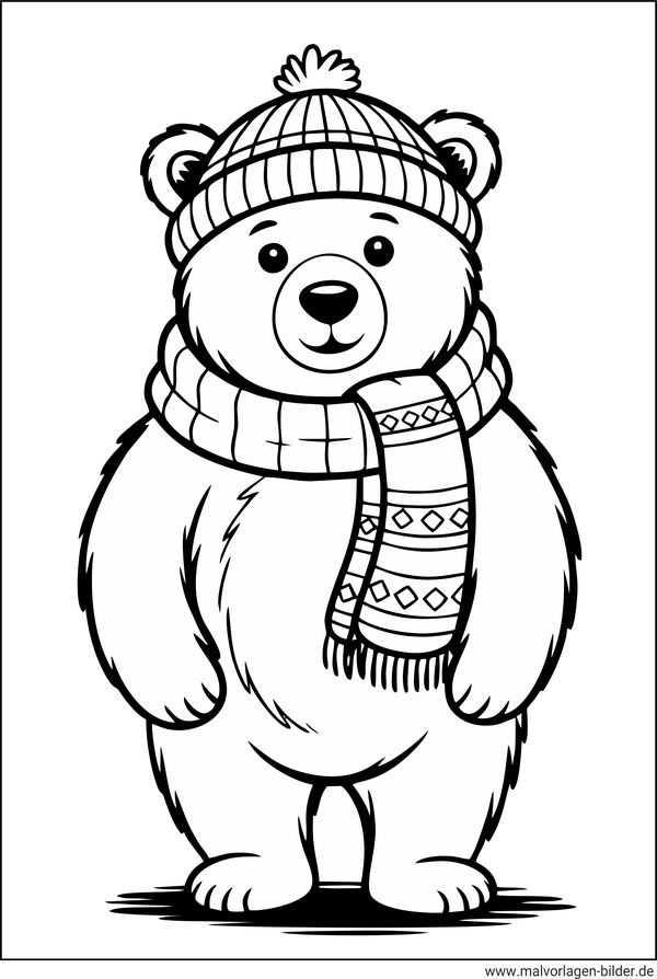 Ausmalbild Bär mit Mütze und Schal