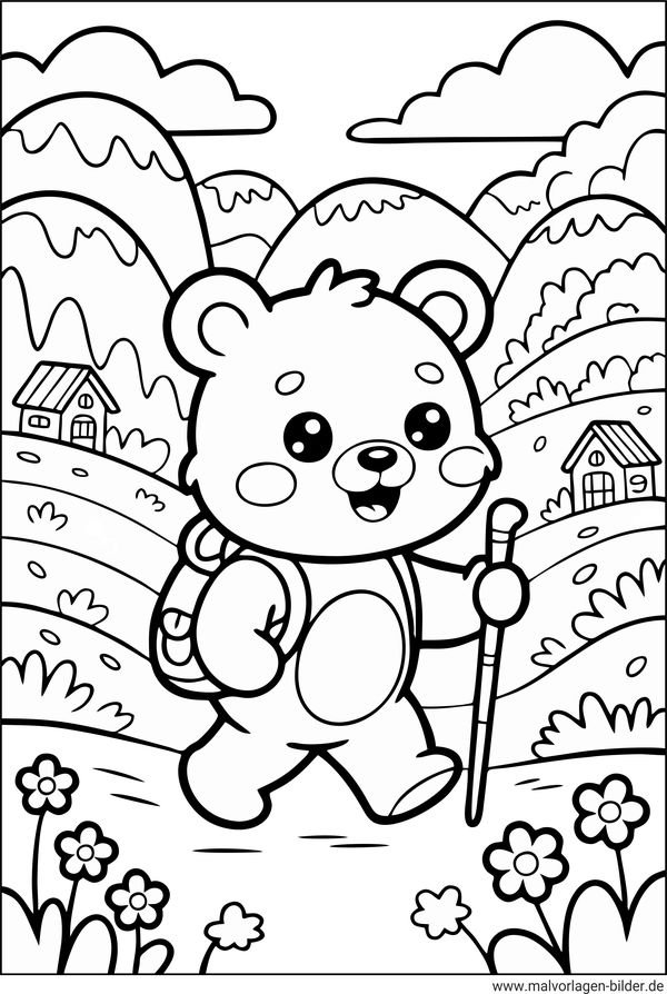 Bär beim Wandern Ausmalbild für Kinder