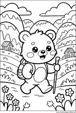 Bär wandert durch die Natur Kinderbild zum Ausmalen