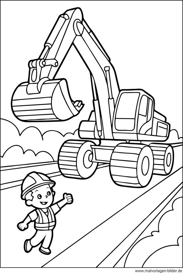 Ausmalbild Bagger auf Rädern