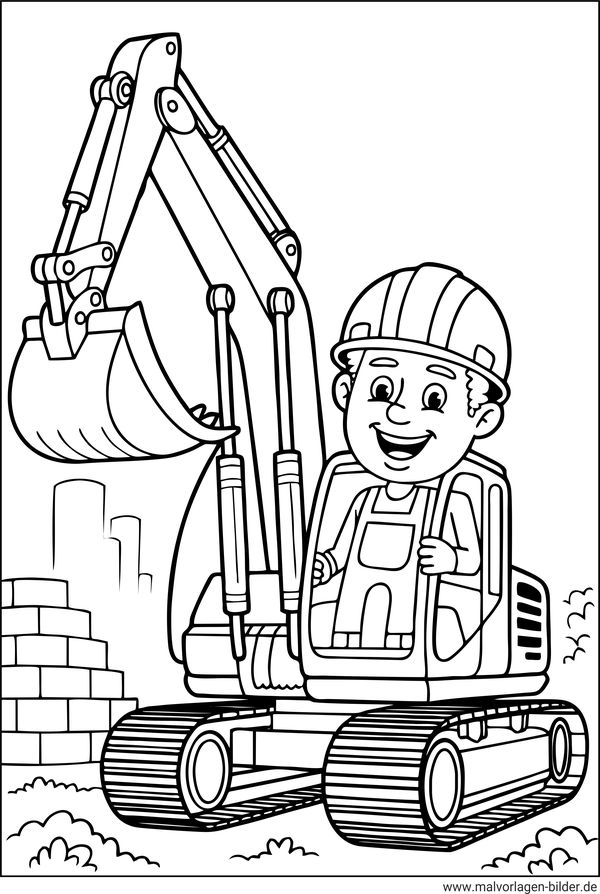 Ausmalbild Bagger Baggerfahrer