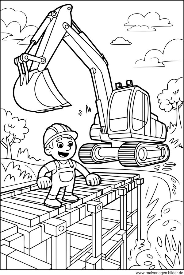 Ausmalbilder Bagger beim Brückenbau