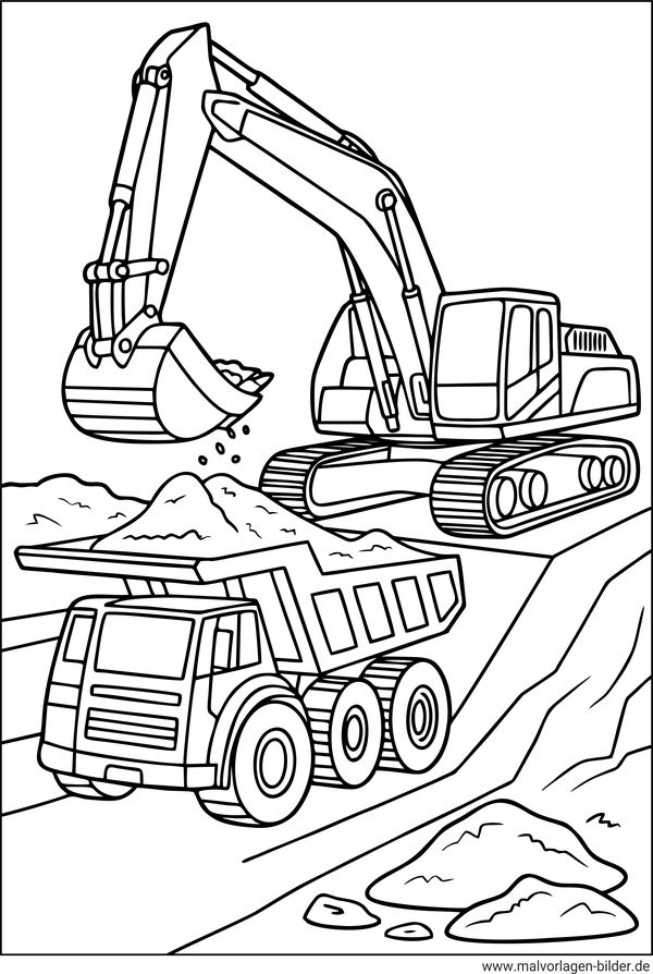Ausmalbild Lastwagen und Bagger