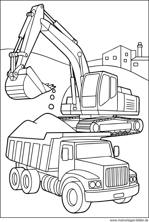 Bagger belädt den LKW Ausmalbild