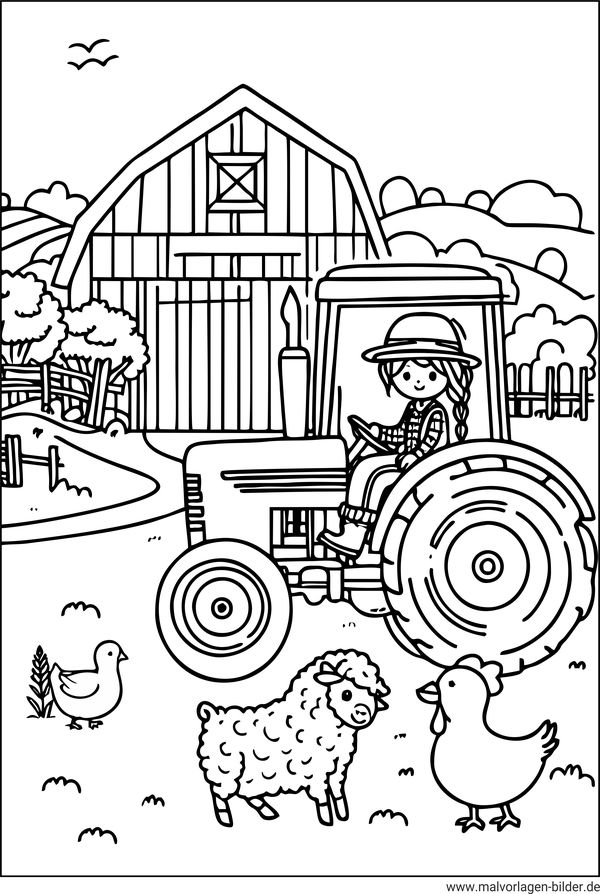 Ausmalbild Mädchen fährt Traktor auf dem Bauernhof