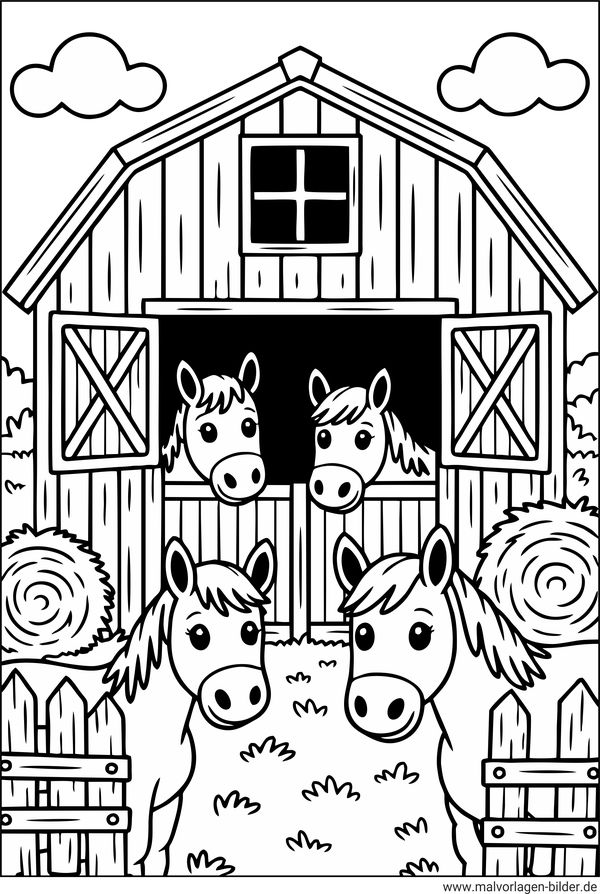 Ausmalbild Pferdestall auf dem Bauernhof