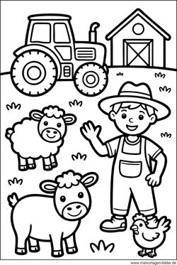 Bauer Traktor und Tiere auf dem Bauernhof Ausmalbild