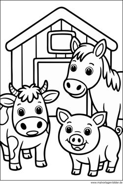 Bauernhoftiere Pferd Kuh Schwein Malbild zum Ausmalen