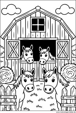 Pferde im Pferdestall Bauernhof Ausmalbild