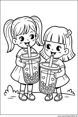 Ausmalbild Freundinnen trinken Bubble Tea