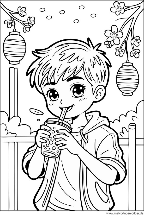 Ausmalbild Junge trinkt Bubble Tea