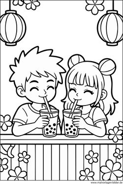 Ausmalbild Junge und Mädchen lieben Bubble Tea