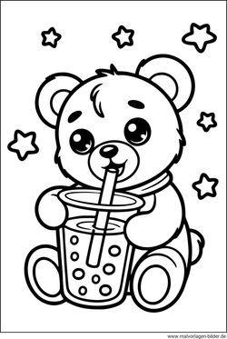 Ausmalbild Teddybär liebts Bubble Tea und sterne