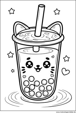 Bubble Tea mit Katzen-Gesicht Malbild gratis