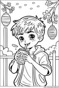 Junge trinkt Bubble Tea Ausmalbild kostenlos