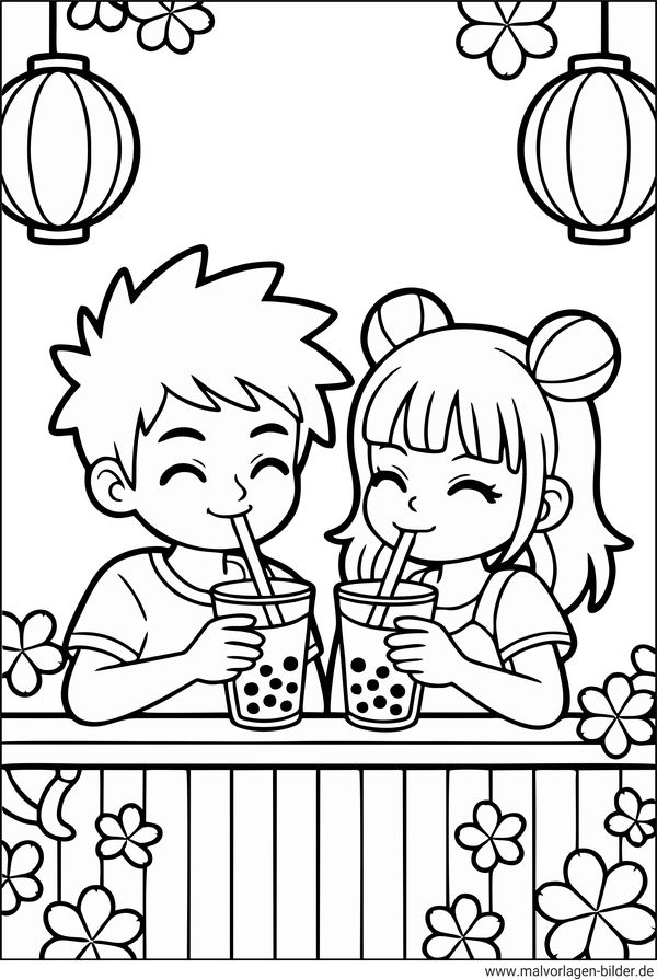 Junge und Mädchen trinken Bubble Tea Malvorlage