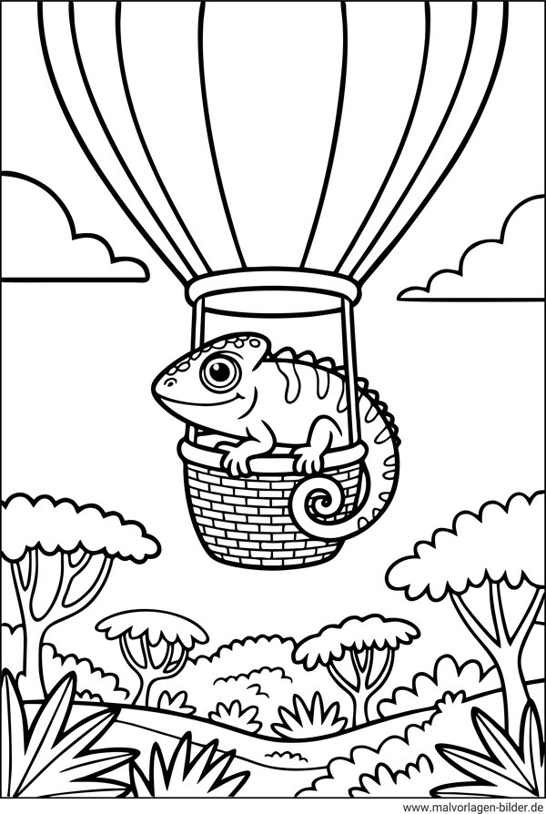 Ausmalbild Chamäleon im Heißluftballon
