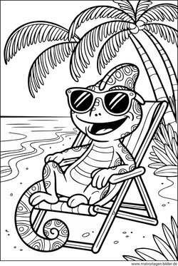 Ausmalbild Chamäleon Urlaub, Palmen und Strand