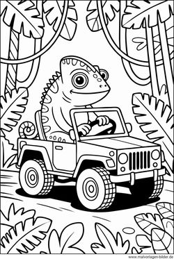 Chamäleon fährt mit seinem Auto im Urwald Ausmalbild