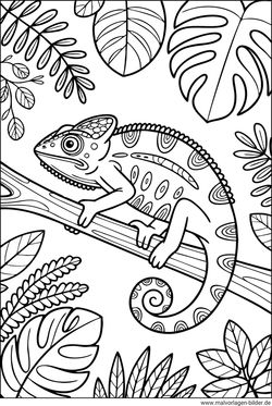 Gratis Ausmalbild Chamaeleon zwischen Blättern