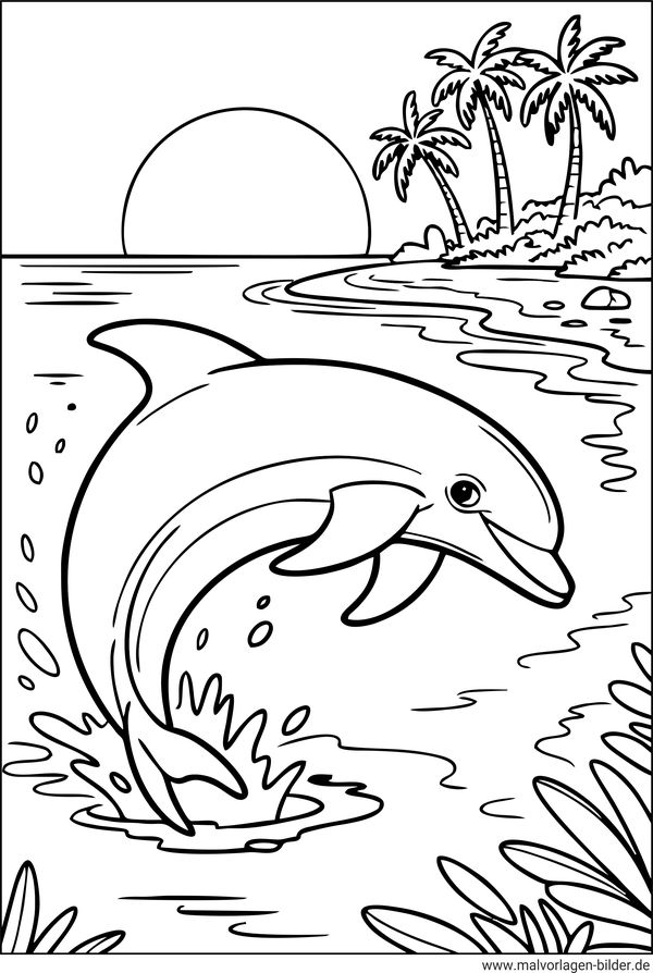 Ausmalbild Delfin Palmen Sonnenuntergang