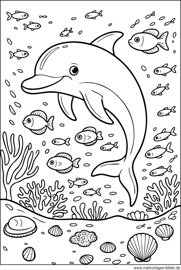Ausmalbild Delfin und Fische