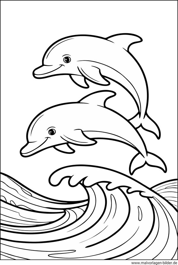 Ausmalbild Delfine springen über Wellen