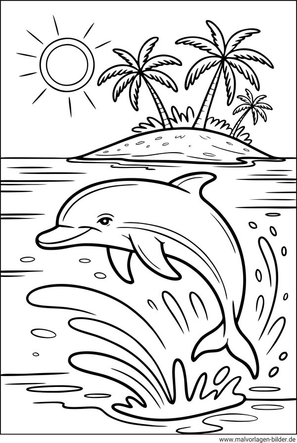 Delfin Insel mit Palmen Ausmalbild