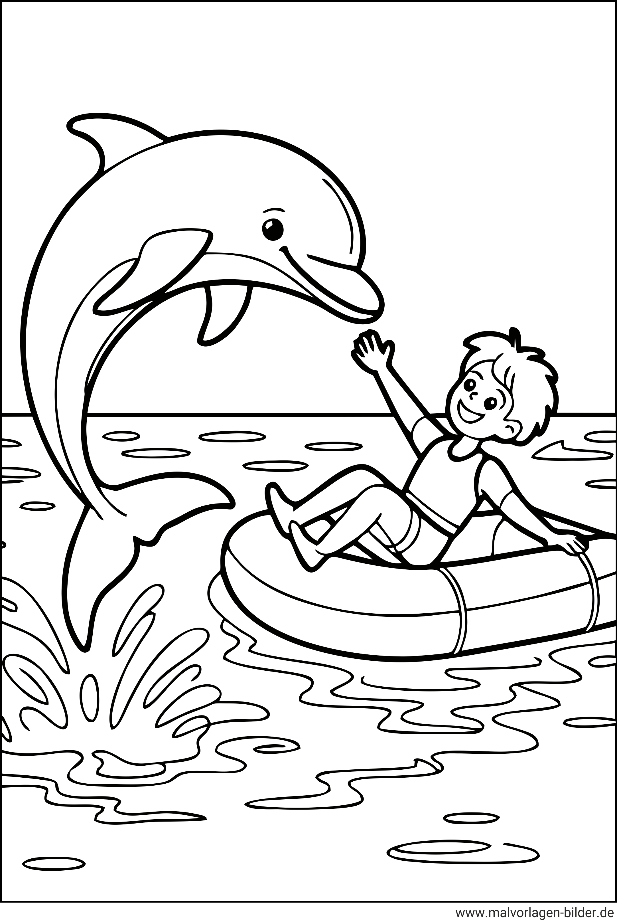 Delfin spielt mit einem Junge im Boot Malvorlage