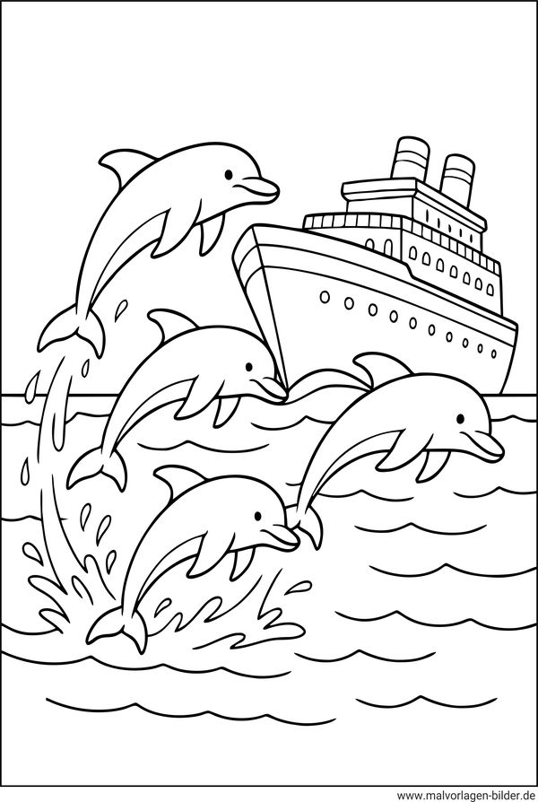 Delfine und ein Schiff Ausmalbild