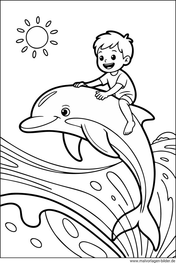 Kind reitet auf einem Delfin Ausmalbild