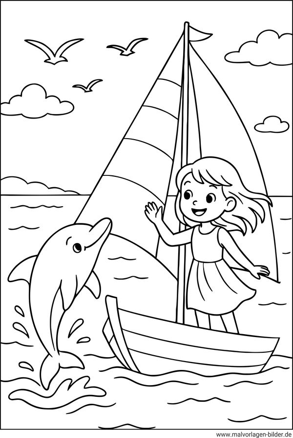 Mädchen und Delfin Ausmalbild
