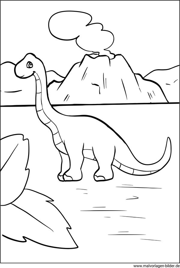 Kleiner Dinosaurier und ein Vulkan als Ausmalbild